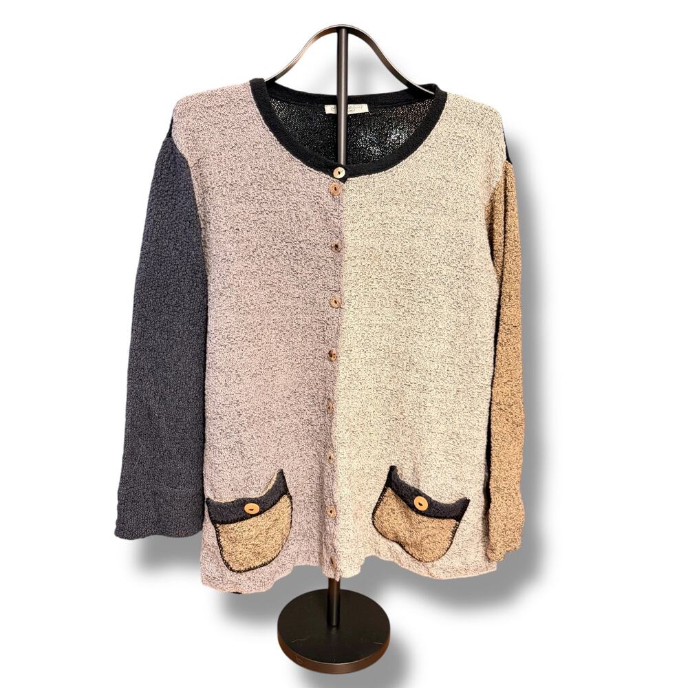 Margaret Winters XL Colorblock Knit Cardigan Sweater Made in USA Boho Artsy